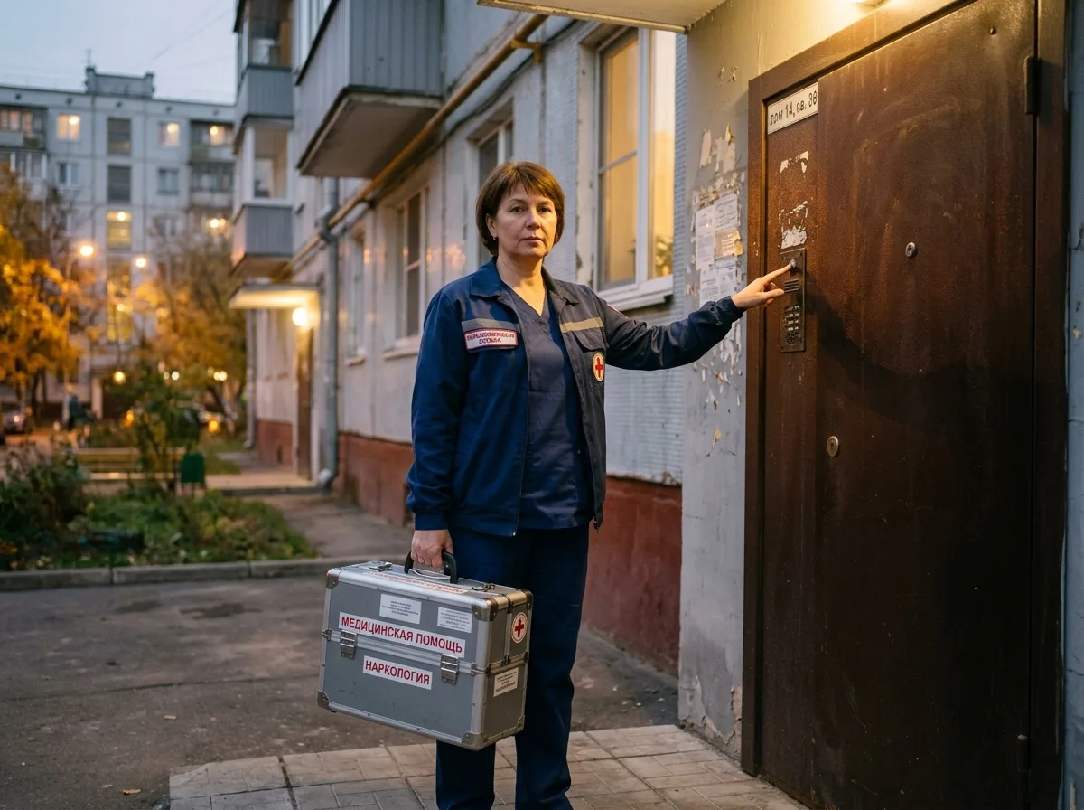 Врач-нарколог с медицинским чемоданчиком у входной двери московской квартиры, вечернее освещение, синяя медицинская форма, профессиональный вид