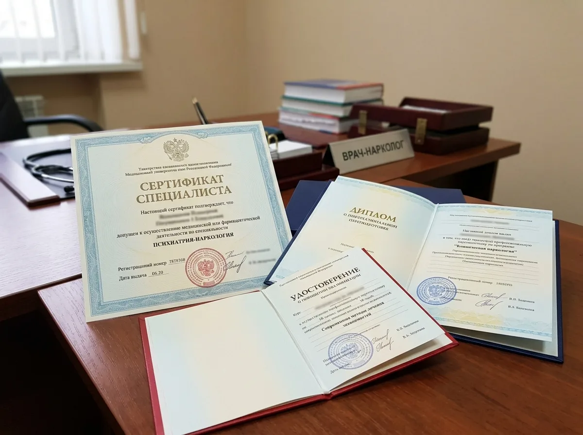 Сертификаты специалистов врачей-наркологов, дипломы о профессиональной переподготовке и повышении квалификации