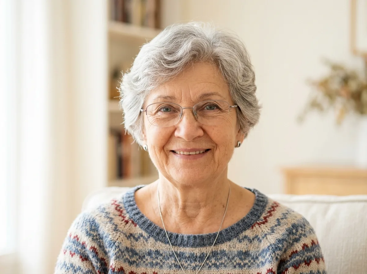 Аватар Нины Захаровой — пожилая женщина около 60 лет, добрый взгляд, светлый фон