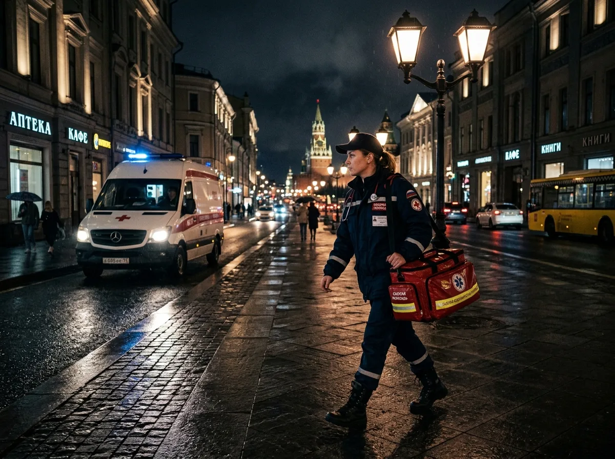 Фоновое изображение — врач скорой наркологической помощи с медицинской сумкой в ночном городе, Москва, тёмная улица с фонарями